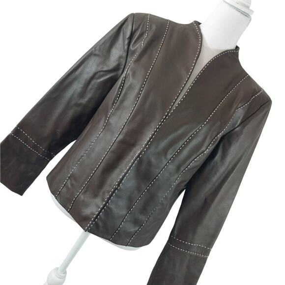 NWOT! PAMELA MCCOY! ESPRESSO BROWN. GENUINE LEATHER, CREAM STITCHED JACKET! SZ L - Picture 1 of 11